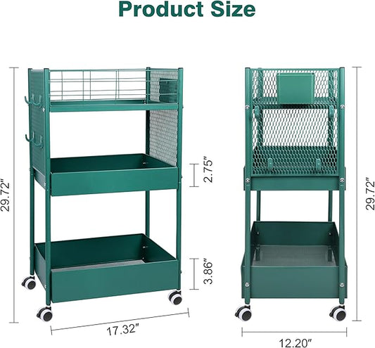 3-Tier Rolling Storage Cart Metal Utility Cart with Wheels, Office Organizer with Hanging Cups, Hooks, Book Snack Craft Mobile Shelving Unit for Office Kitchen Nursery