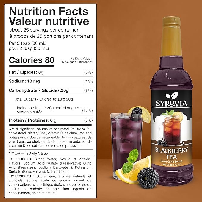 Syruvia Blackberry Tea Flavored Syrup for Drinks, Cocktails, Lemonades, Iced Teas and Desserts – 25.4 fl oz, With Pump