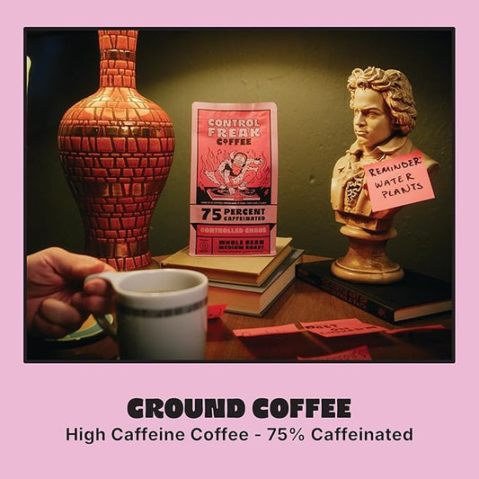 Control Freak Coffee Controlled Chaos 75% Caffeine Ground Coffee (12 oz) – Low Caffeine Coffee Reduced Blend, Sugarcane Decaf – Freshly Roasted Specialty Coffee, Bold, Smooth Roast