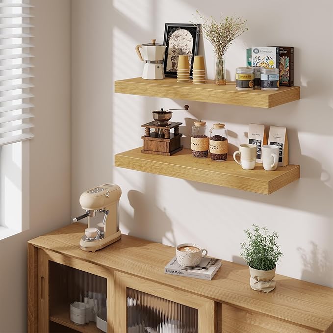 Fun Memories 32 x 12 Floating Shelves Wall-Mounted - Rustic Wood Shelf - 12 Inch Deep Floating Shelves for Wall - Large Storage Shelf for Bathroom - Kitchen & Bedroom - Oak - Set of 2