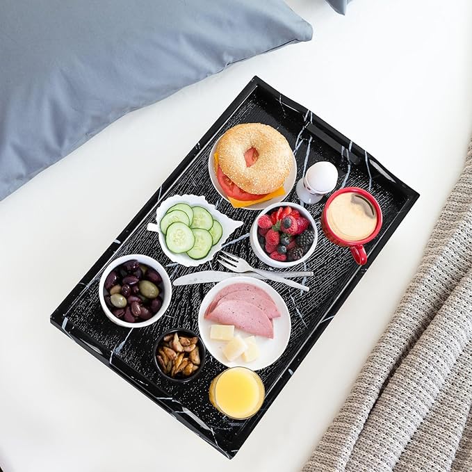 MDLUU Plastic Serving Tray, Ottoman Tray with Cutout Handles, Rectangle Butler Tray for Breakfast in Bed, Coffee Table Decor, Party (Marble)