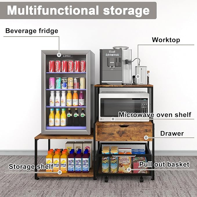 PUNCIA Mini Fridge Stand with Storage, Coffee Bar Cabinet with Power Outlet and Drawer — Beverage Refrigerator Table, Microwave Oven Stand with Rolling Basket for Home, Dorm, Apartment, Pantry