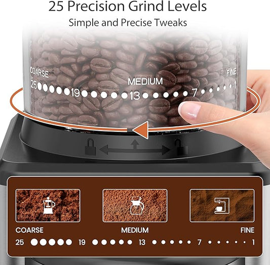 AOVSTVES Conical Burr Coffee Grinder for Home,25 Precise Grind Settings,60-Second Timer,Easy to Clean Stainless Steel Burrs,Anti-Static & Anti-Slip Base