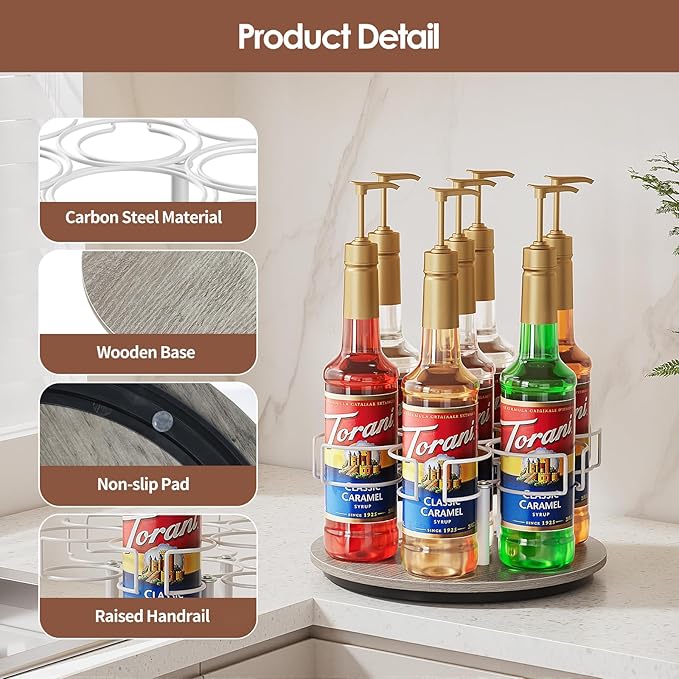 Kssiaz Rotating Coffee Syrup Organizer, 7 Bottles Coffee Syrup Rack for Countertop Syrup Bottle Holder Stand for Coffee Bar Station, Carbon Steel Frame with Wooden Base Coffee Bar Accessory, White