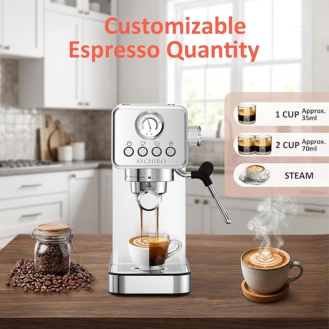 20 Bar Espresso Machine, Adjustable Espresso Machine with Milk Frother, Espresso Maker with Removable Water Tank, Compact Size for Home & Office, Cup Warmer for Home Barista