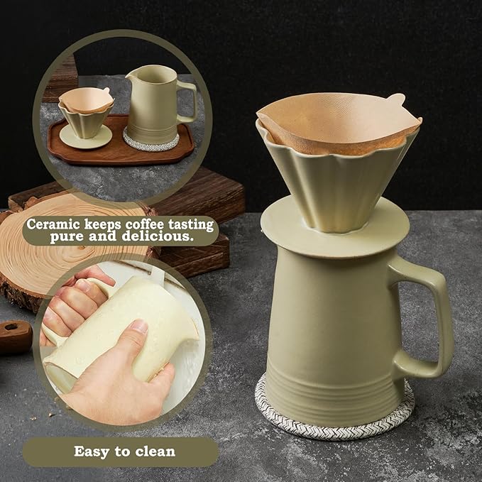 Pour Over Coffee Maker, Ceramic Coffee Dripper with 40pcs V02 Paper Filter & Coaster, 18.2oz/540ml Flower Shape Pour Over Coffee Filter set (Celadon Set)