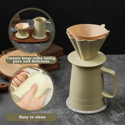 Pour Over Coffee Maker, Ceramic Coffee Dripper with 40pcs V02 Paper Filter & Coaster, 18.2oz/540ml Flower Shape Pour Over Coffee Filter set (Celadon Set)