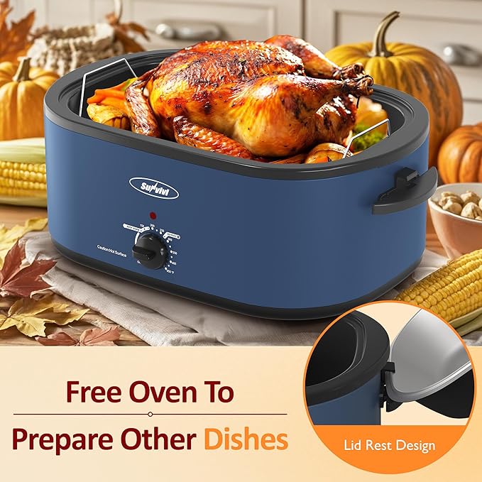 Sunvivi Electric Roaster, 26 Quart Electric Roaster Oven with Glass Lid, Turkey Roaster Oven Buffet with Self-Basting Lid, Removable Pan, Cool-Touch Handles, Blue