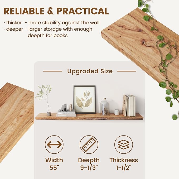 Reclaimed Elm Wood Floating Shelf for Wall, Live Edge 55"W x 9.2"D x 1.4"H, 1 Pack with Invisible Bracket, Large Wall Mounted Shelf for Living Room Bedroom Kitchen Bathroom Decor, Natural Finish