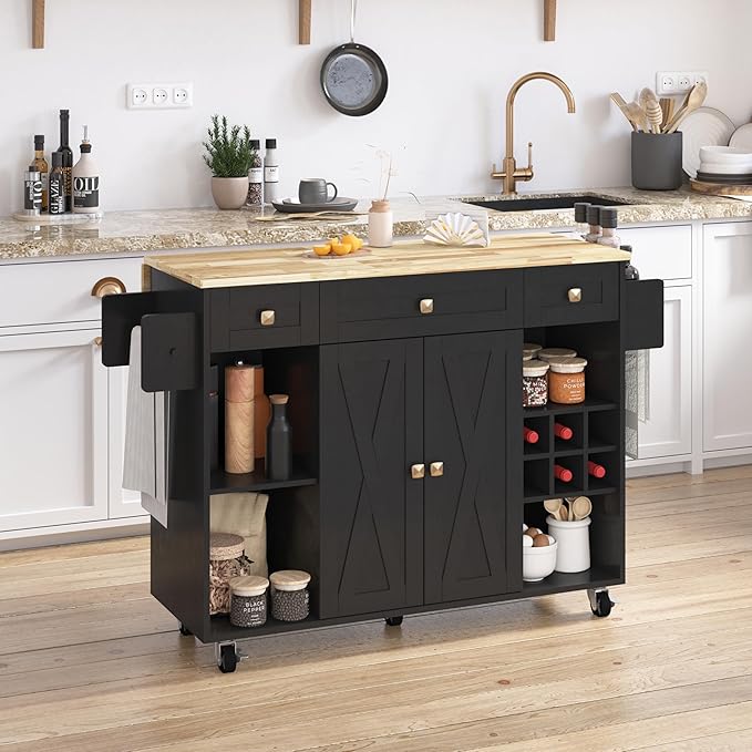 Kitchen Island with Storage, Rolling Kitchen Islands Cart with Solid Wood Countertop, Mobile Drop Leaf Kitchen Prep Table on Wheels with Wine Rack and Drawers
