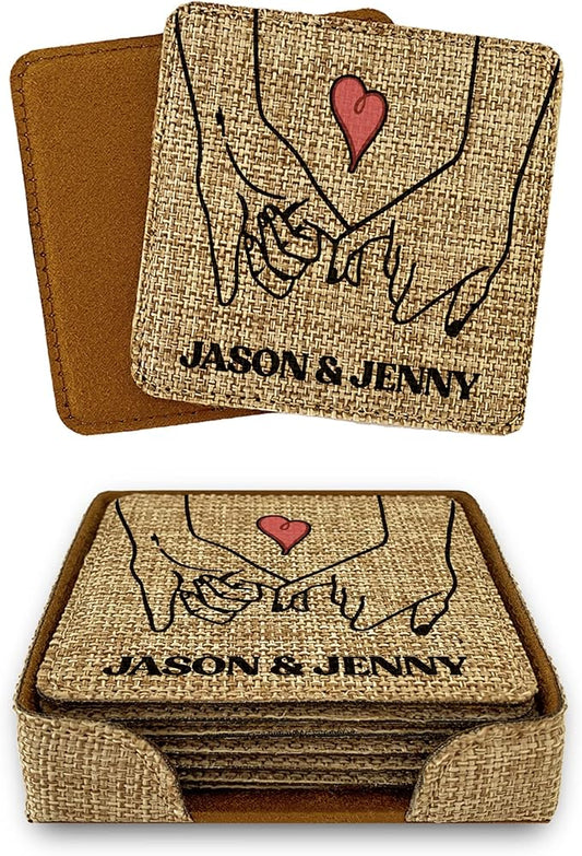 Smile Art Design Family Couple Names Custom Coaster Set of 6 with Base Square Burlap Material Personalized Prints Personalized Gifts Christmas House Warming for her him Valentine's Day Gift Style8
