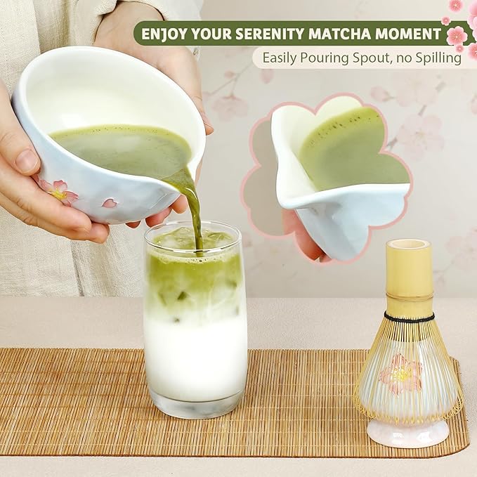 Matcha set with tray 8pcs, Japanese Matcha Kit includes Ceramic Matcha Bowl, Bamboo Matcha Whisk (Chasen), Whisk Holder, Macha Scoop(Chashaku), Bamboo Placemat, Sifter, Tea Cloth Chakin，Blue & Pink