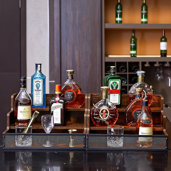 2 Pack 3 Step Countertop Liquor Bottle Display Shelf, Wood Bar Shelves 12 Bottles with Fences, Freestanding Storage Shelves for Liquor Whiskey Wine Coffee Syrup Display, Retro Wine Rack Home