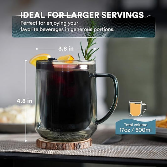 ovalware 500ml Double Wall Glass Coffee Mugs, Single Lip Mugs Made of Durable Borosilicate Glass, Insulated Coffee Mug with Handle for Hot and Cold Drinks - Stealth Gray
