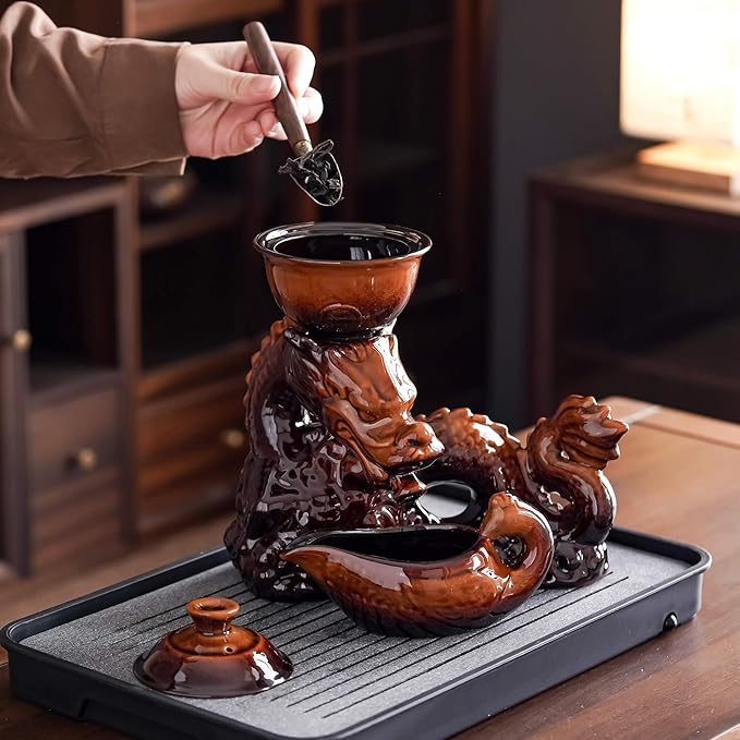 Ceramic Teapot with Infuser Semi Automatic Tea Set Magic Teapot with 8 cups Gradient Color (Yellow Dragon- C)