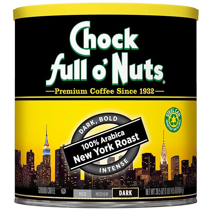 Chock Full o' Nuts New York Roast Ground Coffee – Premium Beans in Recyclable Steel Can – Rich Flavor & Aroma, Dark Roast – Perfect for Drip, Pour-Over, Percolator – 30.5 Oz Can