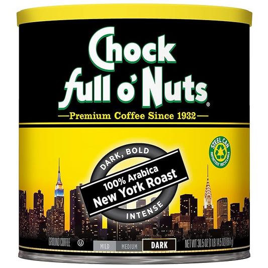 Chock Full o' Nuts New York Roast Ground Coffee – Premium Beans in Recyclable Steel Can – Rich Flavor & Aroma, Dark Roast – Perfect for Drip, Pour-Over, Percolator – 30.5 Oz Can