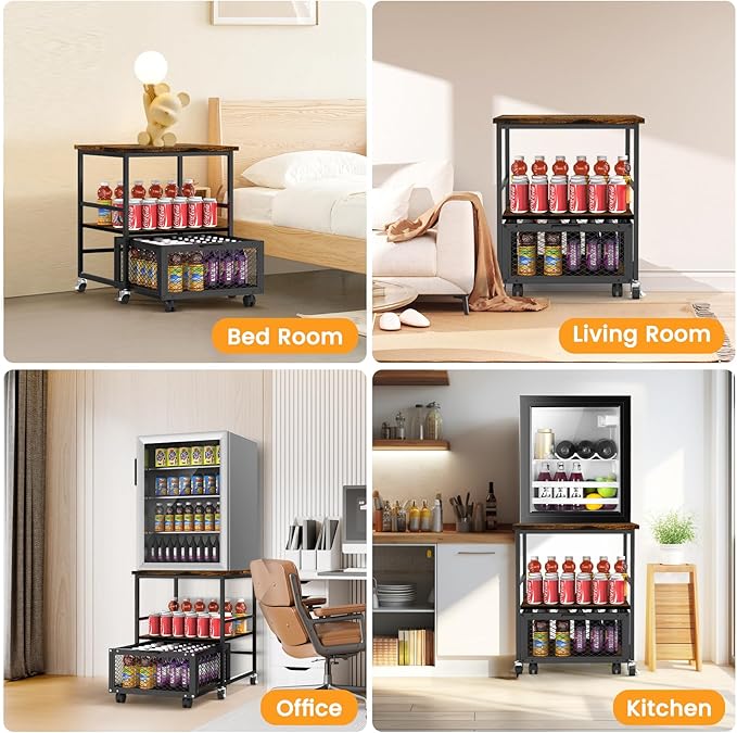 19.7x19.7in Mobile Mini Fridge Stand with 3 Storage,Small Beverage Refrigerator Table with Wheels Rolling Compact Drawer Cart,Great for Dorm Home Office, Printer Stand, Coffee Table