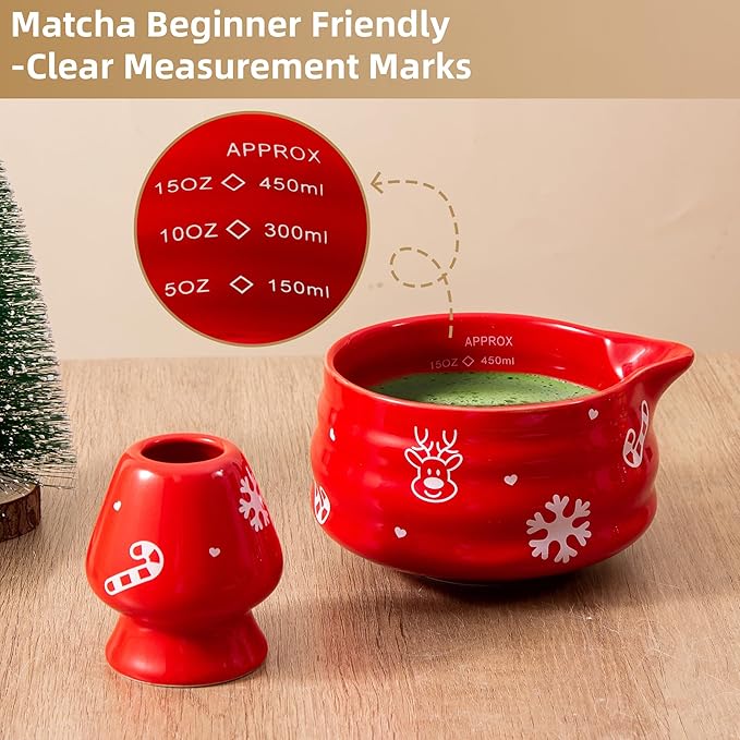 5pcs Premium Matcha Set,Ceramic Bowl with Spout and Bamboo Whisk set, Ceremonical Matcha Kit for holiday,Tea Starter Making Kit,Christmas Matcha Gift set (Reindeer Red)