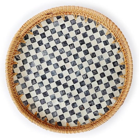 YANGQIHOME Round Rattan Tray with Handle, Mother of Pearl Inlay Decorative Wicker Basket for Coffee, Bread, Fruits, Serving Tray for Home Decor, Checkerboard