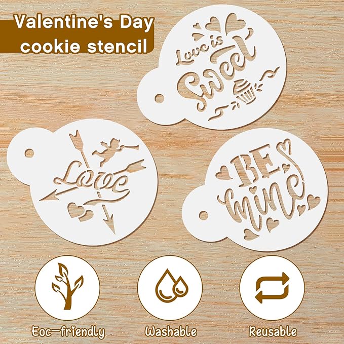 30 Pcs Valentine's Day Cake Stencil Templates Decoration Valentine Plastic Cookie Decorating Stencils Reusable Coffee Stencils Baking Painting Mold Tools for Valentine's Day Baking DIY Decor Mold