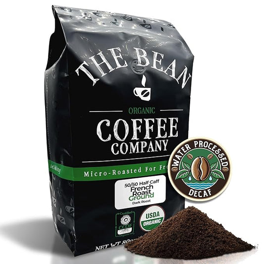The Bean Organic Coffee Company 50/50 (Half Caff) French Roast, 50% Decaf, Dark Roast, Ground Coffee, 5-Pound Bag, Café Molido Tostado Orgánico descafeinado