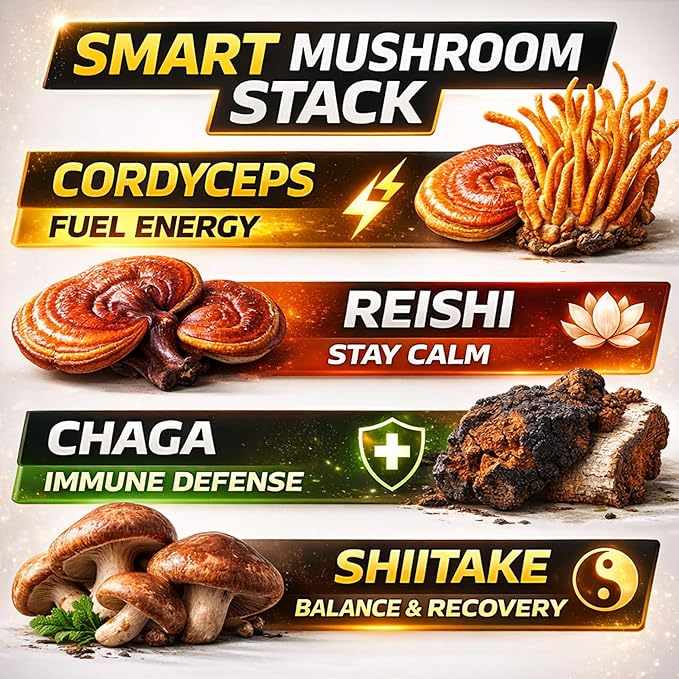 Instant Mushroom Powder 10:1 – Cordyceps Mushroom Supplement with Reishi, Chaga & Shiitake – Caffeine-Free Nighttime Drink with B6, B12, D + Probiotics – Mushroom Cacao Organic Blend (No Sweetener)