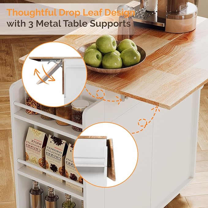 VINGLI Kitchen Island with Storage, Rolling Cart on Wheels with Foldable Drop Leaf, Drawer & Door Cabinet, Portable Kitchen Cart for Meal Prep & Organization, White