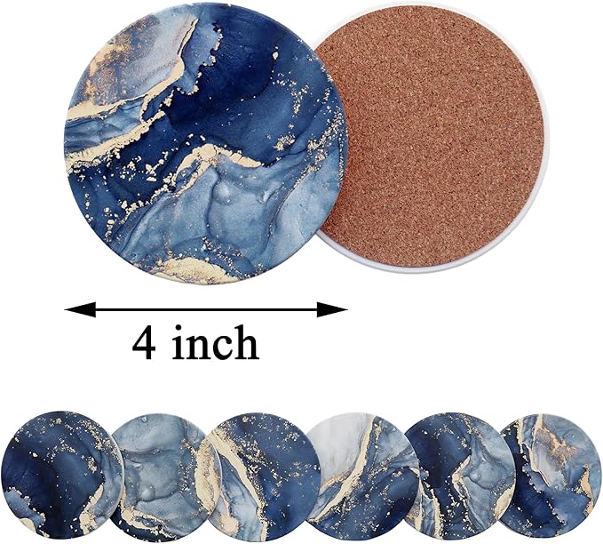 Navy Blue Marble Ceramic Coasters with Holder Absorbent Drink Coaster Set Outdoor Round Abstract Cute Table Decorative Coffee Cup Beverage Fun Wine Beer Bar Gold Housewarming 6 Pack