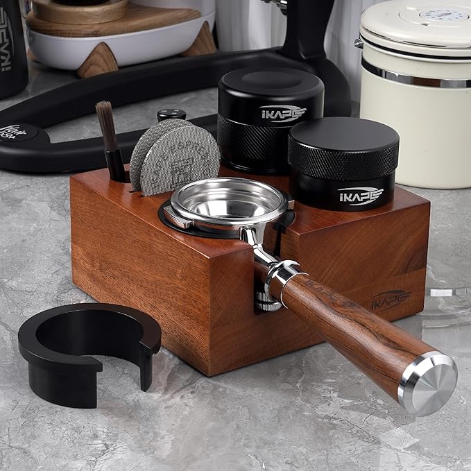 IKAPE Espresso Tamper Holder, Wooden Coffee Tamper Station Base, Natural Walnut Espresso Tamp Mat Stand Fit for 51, 54, 58mm Espresso Accessories, Smile Modeling