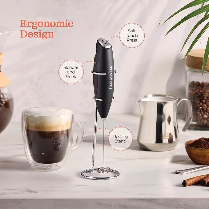 Powerful Handheld Milk Frother, Mini Milk Frother Wand, Battery Operated Stainless Steel Drink Mixer - Frother Stand for Milk Coffee, Lattes, Cappuccino, Frappe, Matcha, Hot Chocolate. Gift