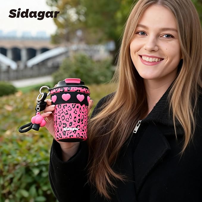 12 oz Travel Coffee Mug Spill Proof Leak Proof, Stainless Steel Thermal Coffee Cup with Lid, Resuable Cup for Hot and Cold, Portable Tumbler for Women, Pink Leopard