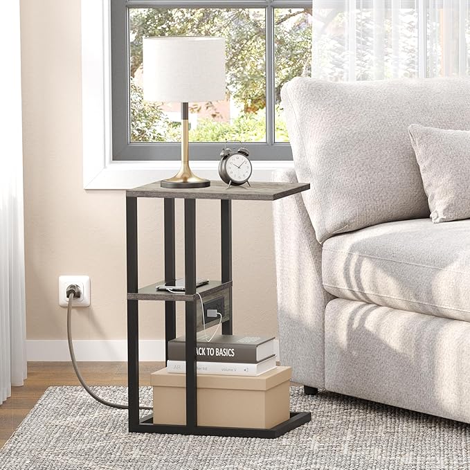 TUTOTAK C-Shaped Side Table, Set of 2, C Table End Table with Charging Station, Sofa Couch Table for Small Spaces, Couch Side Table for Livingroom, Bedroom, Greige TB01BG0432