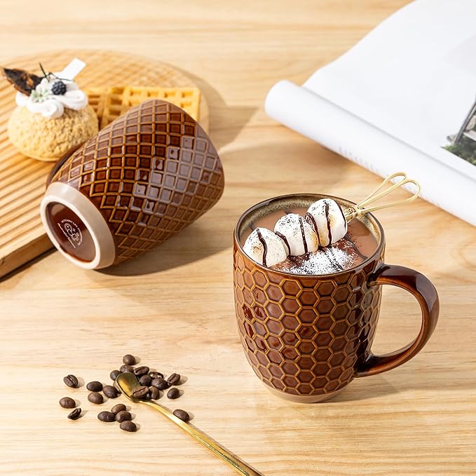 GBhome Large Coffee Mugs Set of 4, 16oz Handmade Embossed Coffee Mugs Set with Large Handle for Cappuccino/Latte/Tea/Hot Cocoa, Dishwasher & Microwave Safe, Caramel