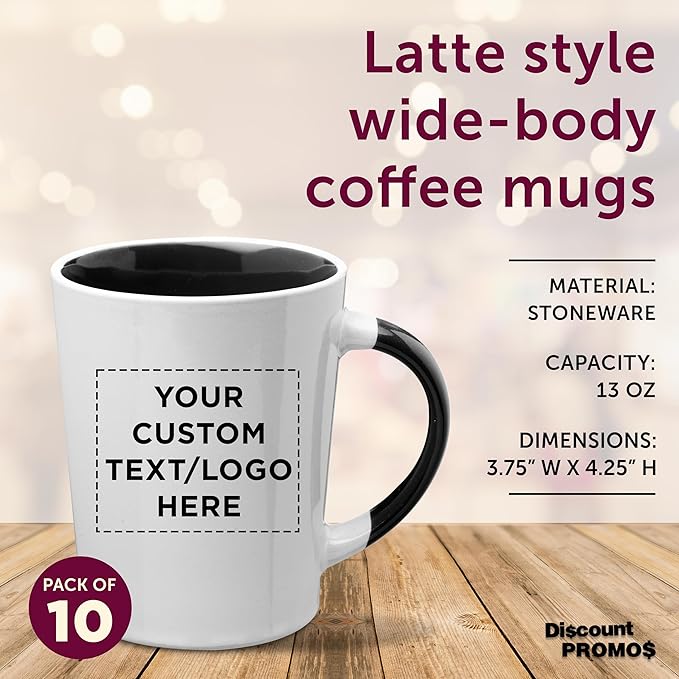 Custom Ceramic Latte Coffee Mugs by Albany 13 oz. Set of 10, Personalized Bulk Pack - Perfect for Coffee, Tea, Espresso, Hot Cocoa, Other Beverages - Black
