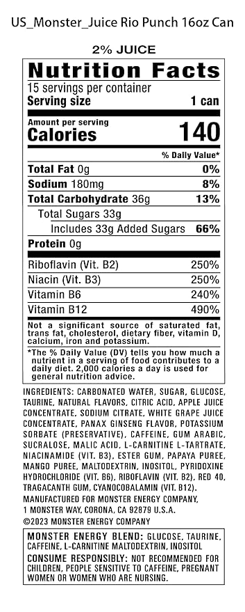 Monster Energy Juice Rio Punch, Energy Drink, 16 Ounce | Energy + Juice, Pack of 15