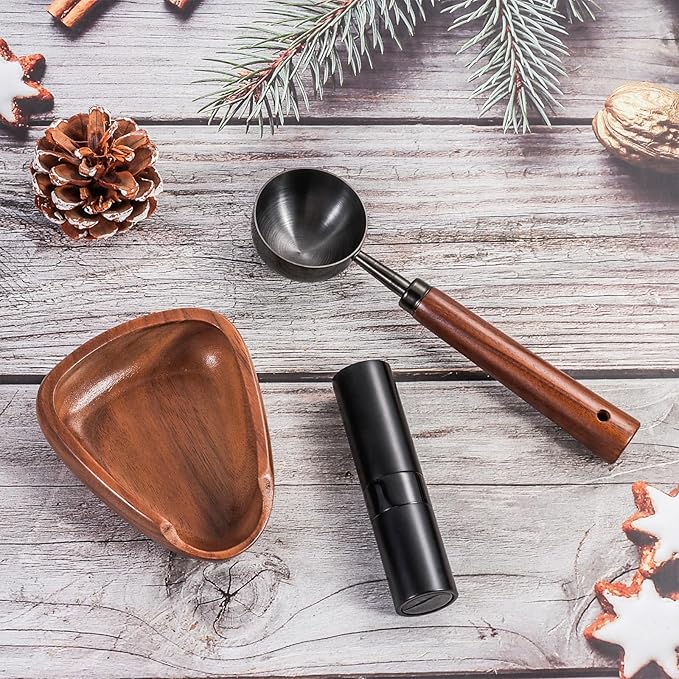 3pcs Coffee Bean Dosing Cup Set with Gift Box, Dosing Walnut Wood Cups Stainless Steel Spoon Portable Spray Bottle Static Reduction Precise Measuring for Espresso Tea Coffee Bar Accessories Kit
