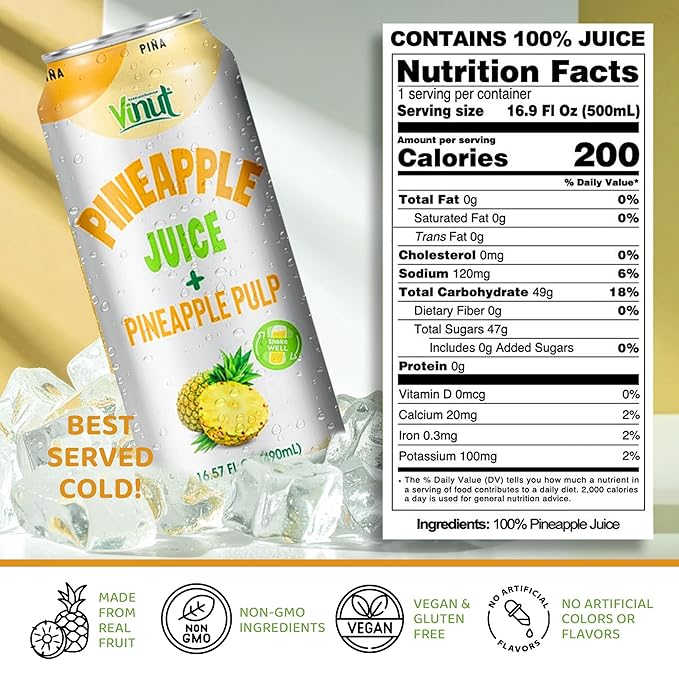 Vinut Natural Pineapple Juice Drink with Pulp, (16.57 fl oz, Pack of 12) Real Pineapple Juice, No Sugar Added, Gluten Free, GMO-Free