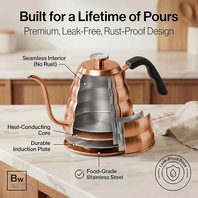 Barista Warrior Gooseneck Kettle for Pour Over Coffee & Tea - 1.2L Kettle Stovetop with Built-In Thermometer, Precision Drip Spout, Stainless Steel - Copper Coated Stainless Steel