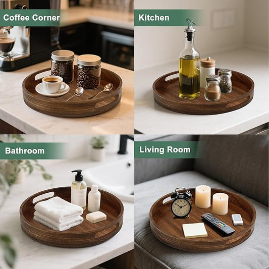 Round Decorative Tray,Wooden Serving Tray with Handles, 11.8in Vintage Brown Decorative Trays for Coffee Table,Kitchen Counter,bandejas decorativas