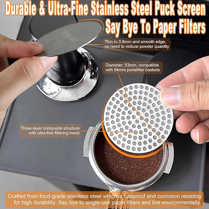 Reusable & Ultra-Thin Puck Screen with Double-Layer Filtration - 53mm Espresso Puck Screen with 0.8mm Thickness, Food Grade Stainless Steel Espresso Filter Screen for 54mm Portafilter Filter Basket
