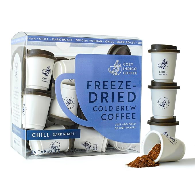 COZY INDIGO COFFEE - CHILL Cold Brew Dark Roast Instant Freeze Dried Specialty Coffee, 24 Capsules, 100% Arabica Beans, Enjoy Cold or Hot, Perfect for Travel and On The Go