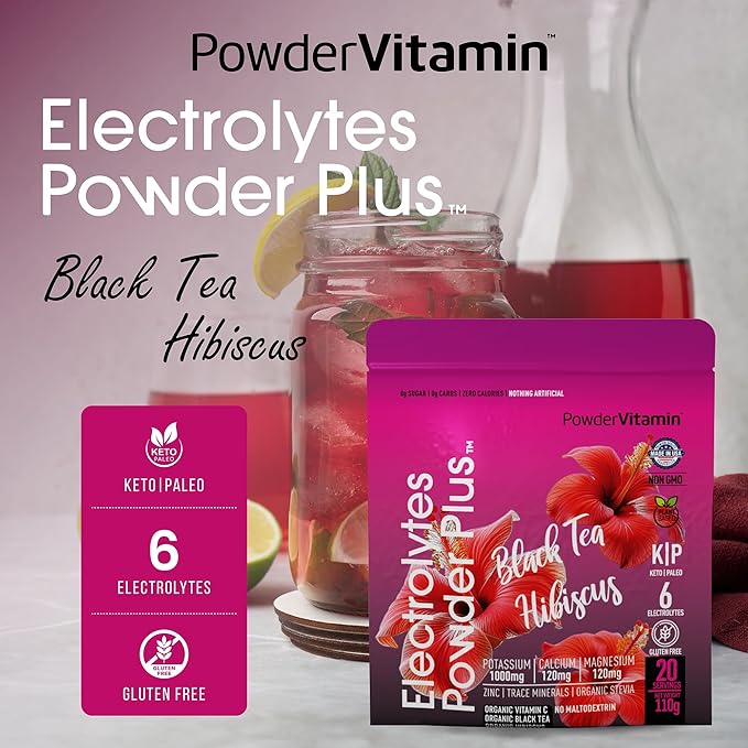 PowderVitamin Electrolytes Powder Plus (20 Servings) Black Tea Hibiscus Electrolyte Powder Keto, Sugar Free, Pink Himalayan Salt,1000mg Potassium,120mg Calcium,120mg Magnesium, Hydration Powder