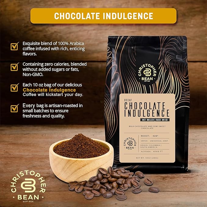 Christopher Bean Coffee - Certified Kosher - Decaf Ground Universal Drip Chocolate Indulgence Flavored Coffee| coffee beans with Medium Roast 100% Arabica, No Sugar, No Fats, Non-GMO | 10 - Ounce Bag