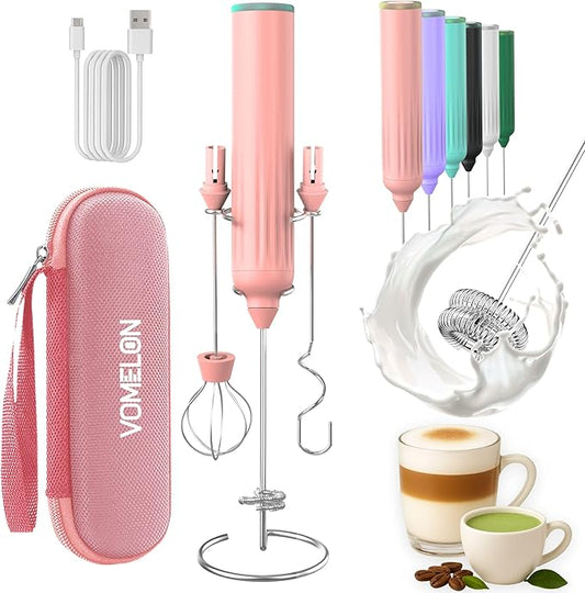 Milk Frother Handheld with 3 Stainless Steel Whisks, Rechargeable Electric Drink Mixer with Stand & Travel Case, Milk Foamer for Coffee, Latte, Cappuccino, Hot Chocolate, Egg,Jam Supplement-Pink