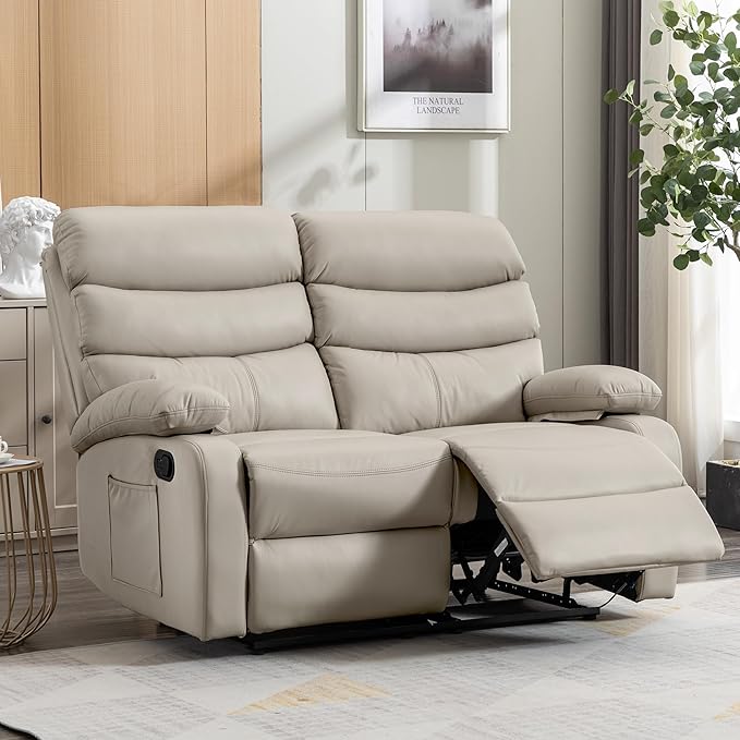 Reclining Loveseat, Anti-Scratch Leather Double Recliner Sofa with Side Pocket, Wall Hugger Loveseat Recliner for Living Room, RV, Home Theater(Beige)
