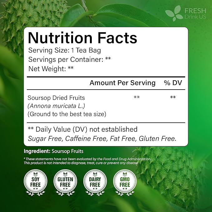 FreshDrinkUS, 60 Premium Soursop Graviola Fruit Tea Bags, 100% Natural and Pure from Soursop Fruits, Made With Natural Materials-Corn Fiber Tea Bag, Sugar/Caffeine/Gluten Free, Hoja Guanabana Tea