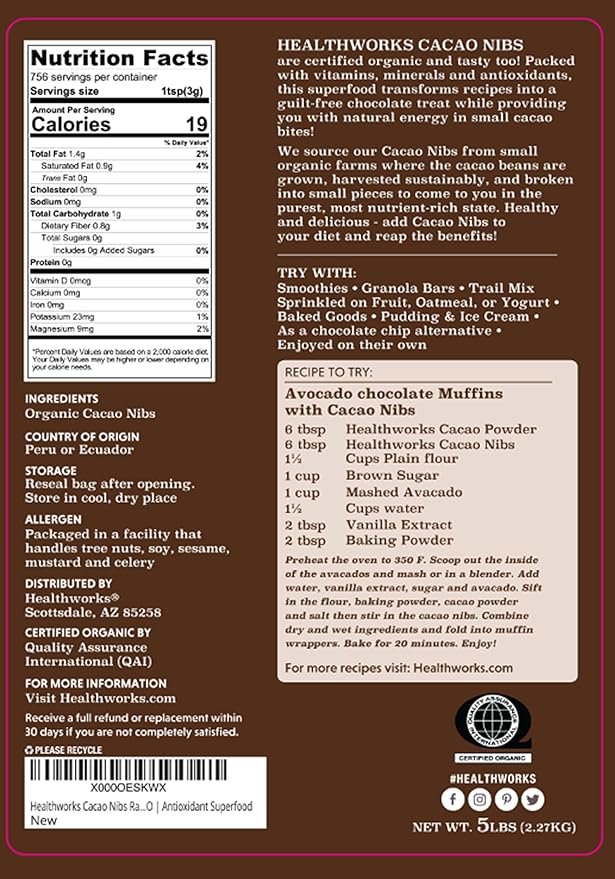 Healthworks Superfoods Cacao Nibs Organic - 80 Oz / 5 Lb - Criollo Bean - Raw Unsweetened Chocolate Substitute - Certified Organic - Keto, Vegan & Non-GMO - Antioxidant