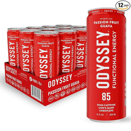 Odyssey Functional Energy Drink for Focus, Cognition & Mood Support 12 Pack - Adaptogenic Drink with 85mg Green Tea Caffeine, Lion’s Mane, Cordyceps, L-Theanine & Ginseng, Passion Fruit Orange Guava