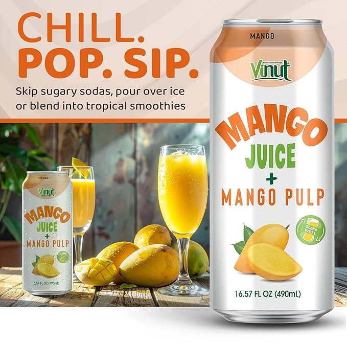 Vinut 100% Mango Juice with Pulp (16.57 fl oz, Pack of 6), No Sugar Added, All Nature Mango Juice, Not From Concentrate, Gluten Free, GMO-Free, High Calcium, Iron